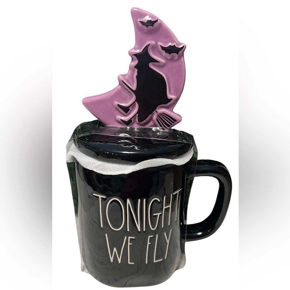 Rae Dunn “TONIGHT WE FLY" Mug Cup with Witch Topper Halloween Black & Purple